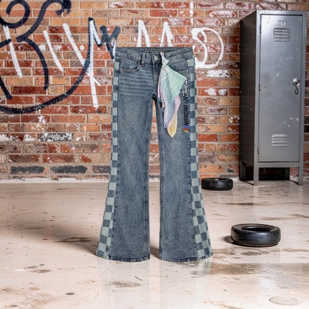 Justice x NASCAR Girls Acid Wash Flare Jeans Checkered Side Panel w/Bandana; 10